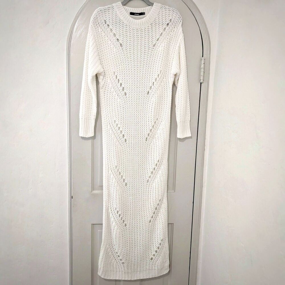 Kosmios Dramatic White Open Knit Elongated Stitch Drapey Back Maxi Dress, Sz S/M